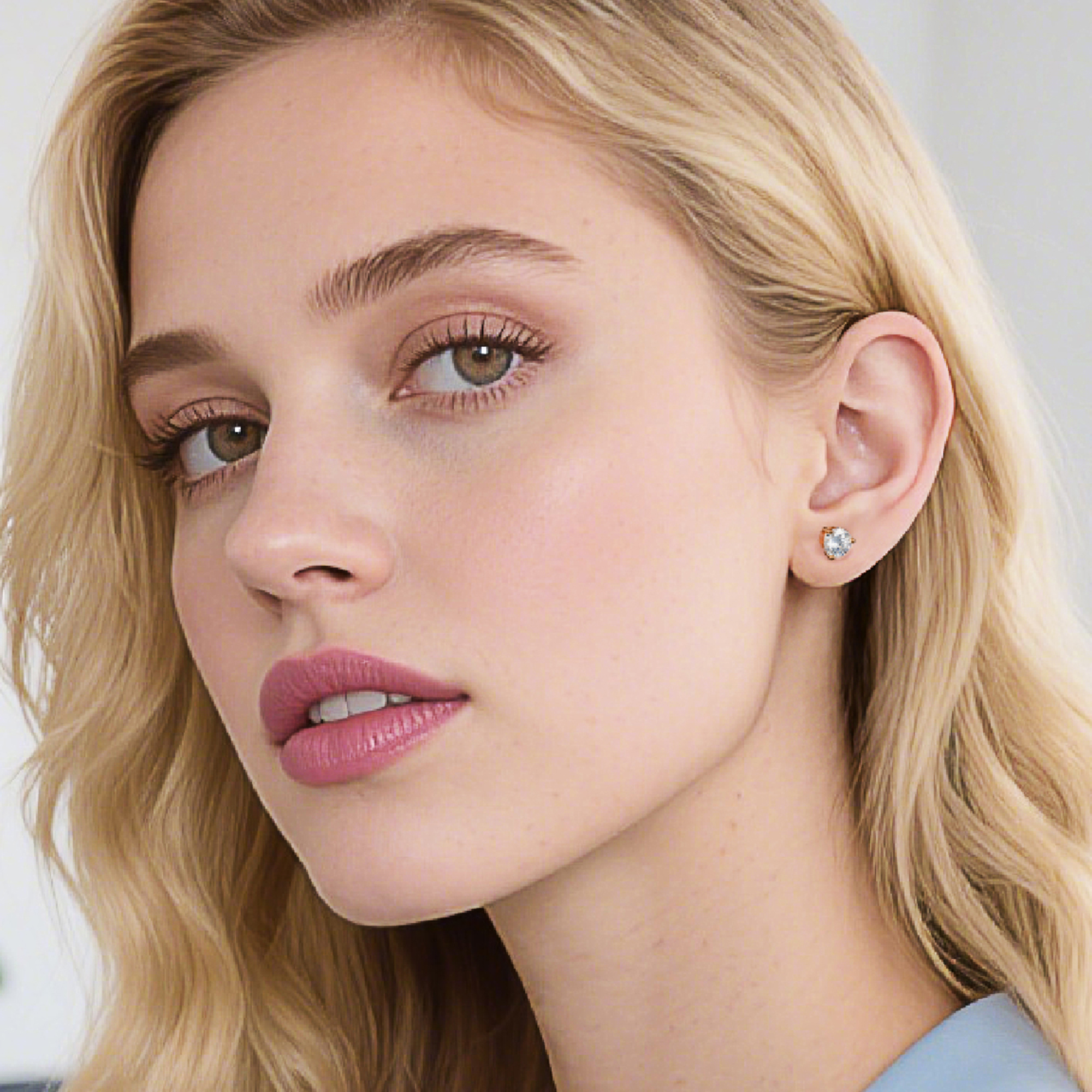 Three-Prong Round Moissanite Stud Earrings in Rose Gold for Women-02