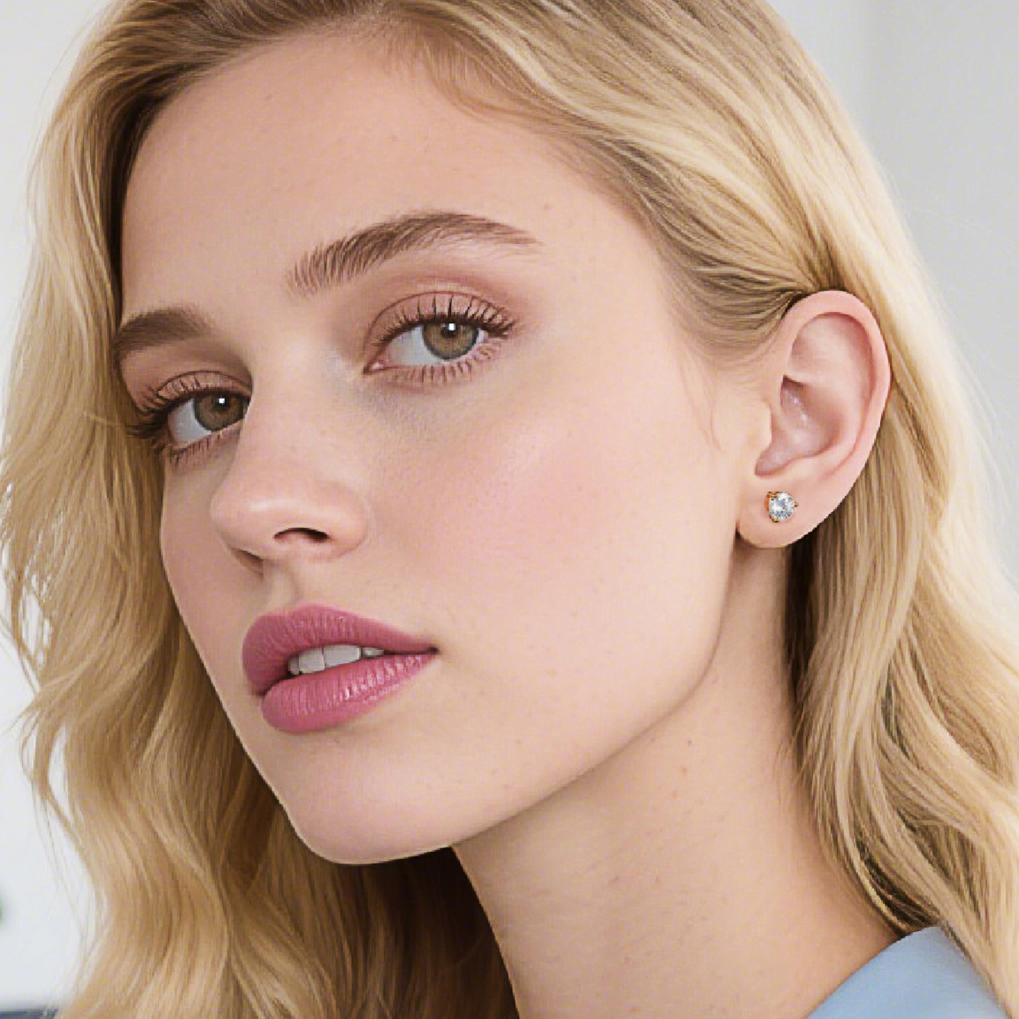 Three-Prong Round Moissanite Stud Earrings in Rose Gold for Women-02