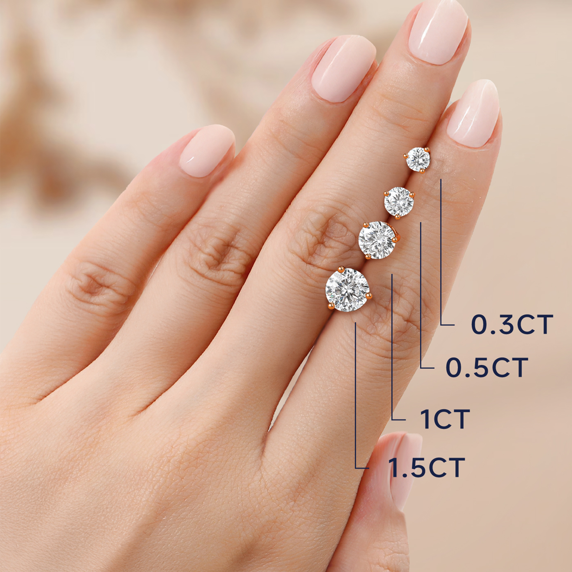 Three-Prong Round Moissanite Stud Earrings in Rose Gold in Different Carats-01