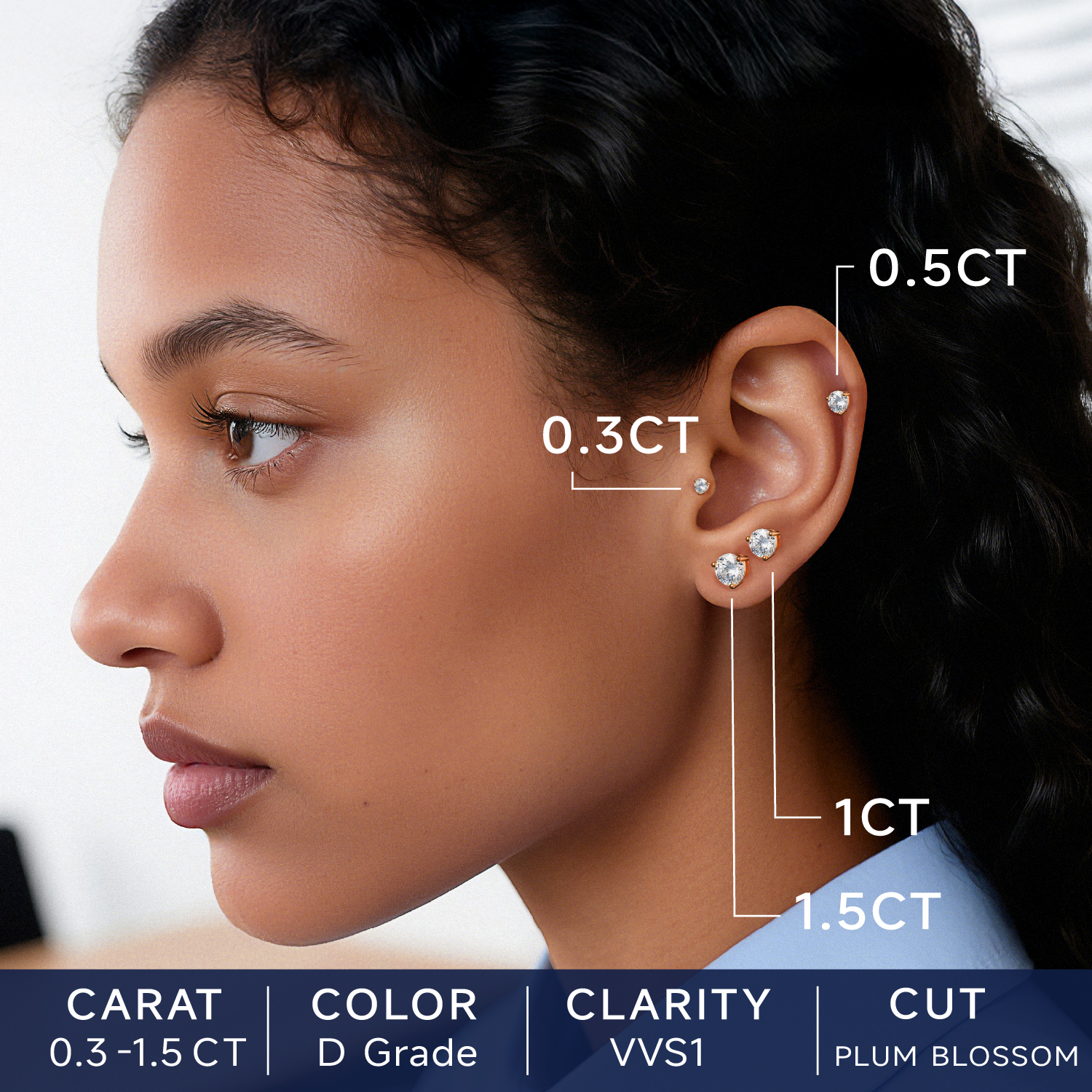 Three-Prong Round Moissanite Stud Earrings in Rose Gold in Different Carats-02