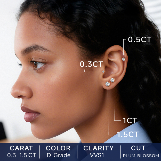 Three-Prong Round Moissanite Stud Earrings in Rose Gold in Different Carats-02