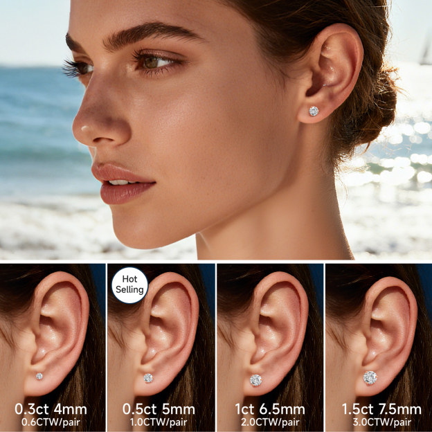 Three-Prong Round Moissanite Stud Earrings in Rose Gold in Multiple Carat Sizes