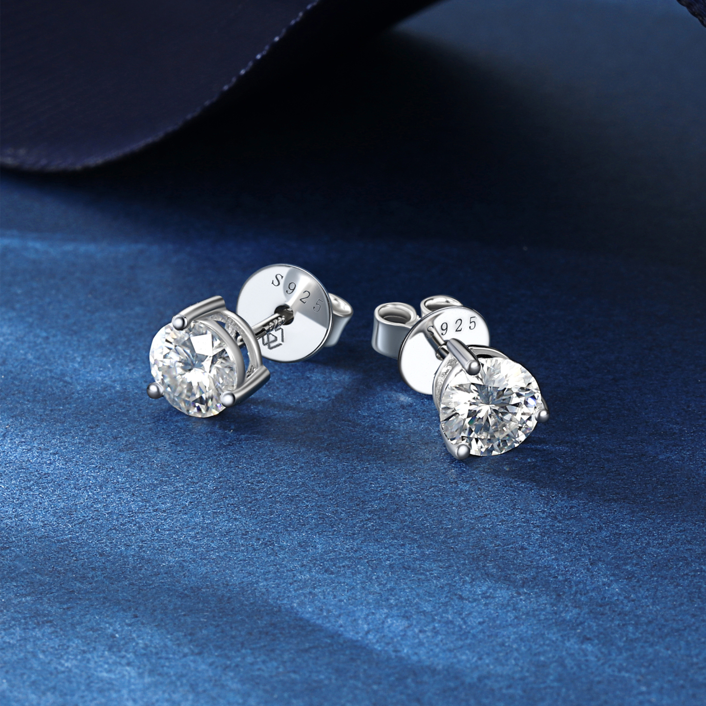 Three-Prong Round Moissanite Stud Earrings in White Gold, Sterling Silver