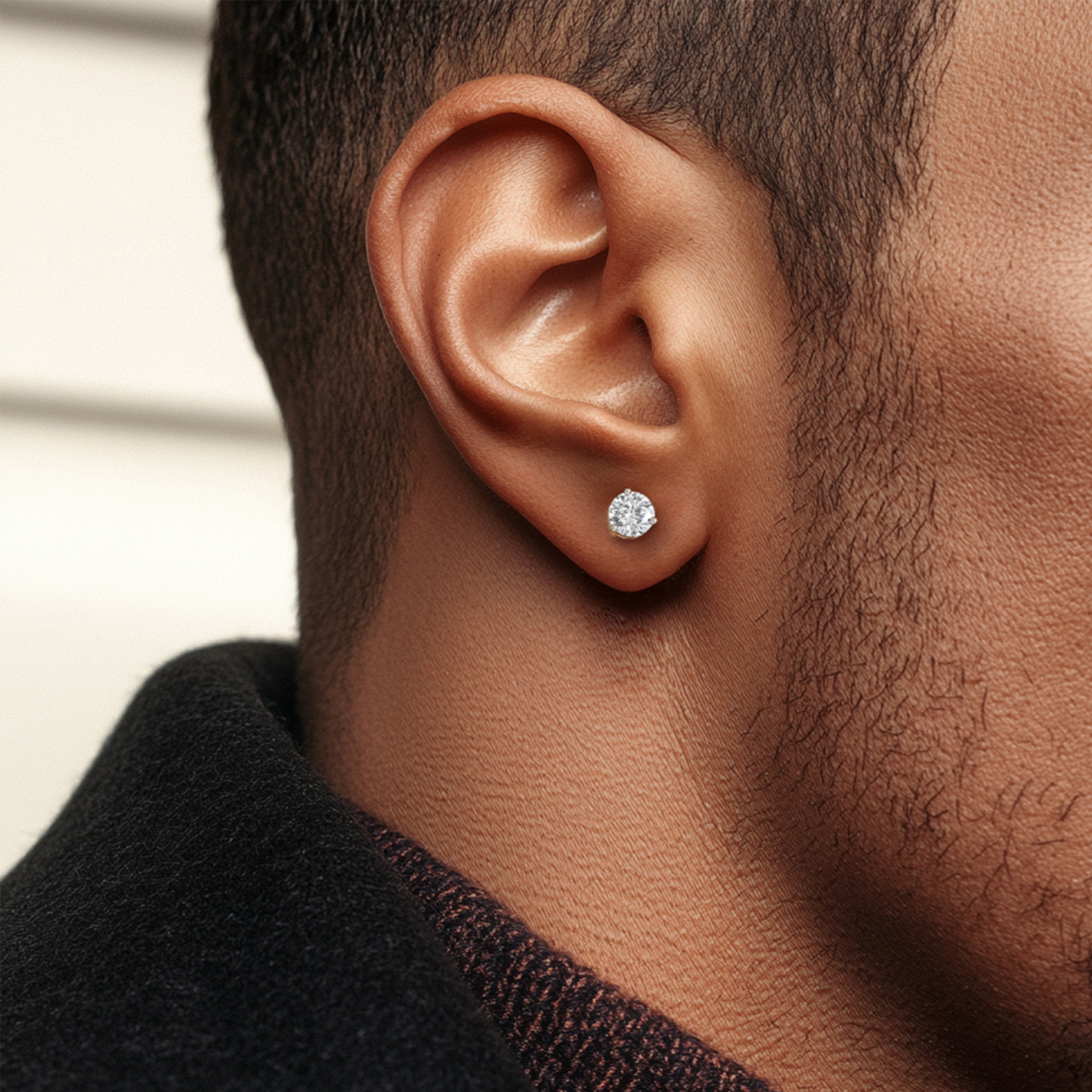 Three-Prong Round Moissanite Stud Earrings in White Gold for Men-02