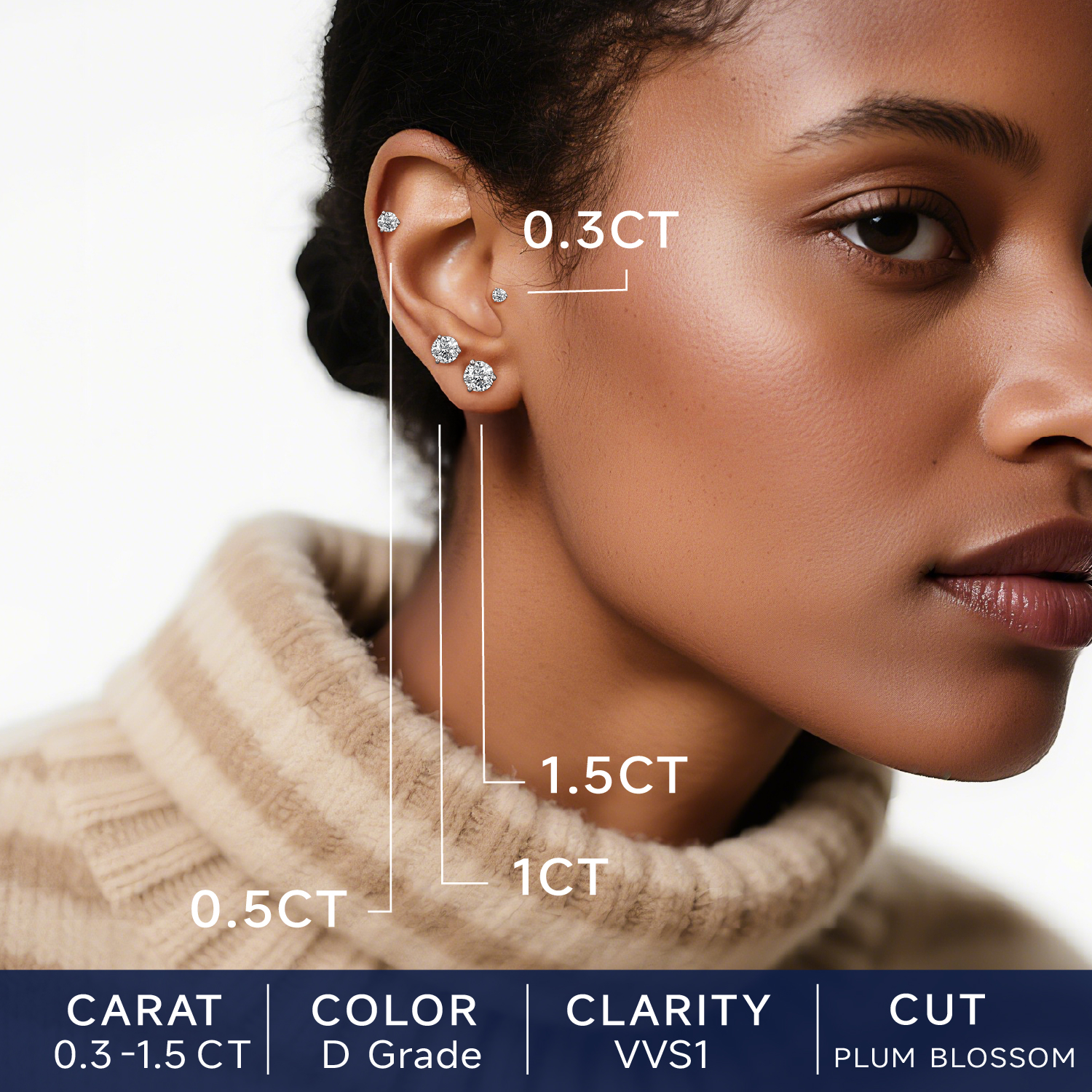 Three-Prong Round Moissanite Stud Earrings in White Gold in Different Carats-02