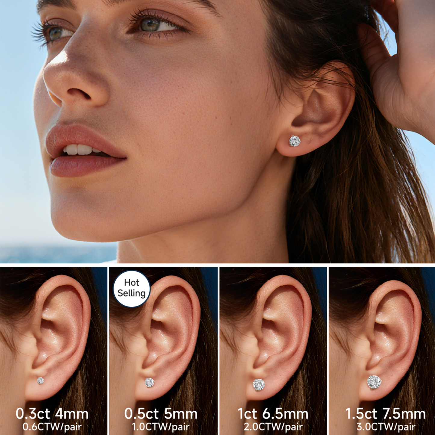 Three-Prong Round Moissanite Stud Earrings in White Gold in Multiple Carat Sizes