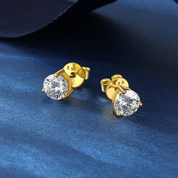 Three-Prong Round Moissanite Stud Earrings in Yellow Gold, Sterling Silver