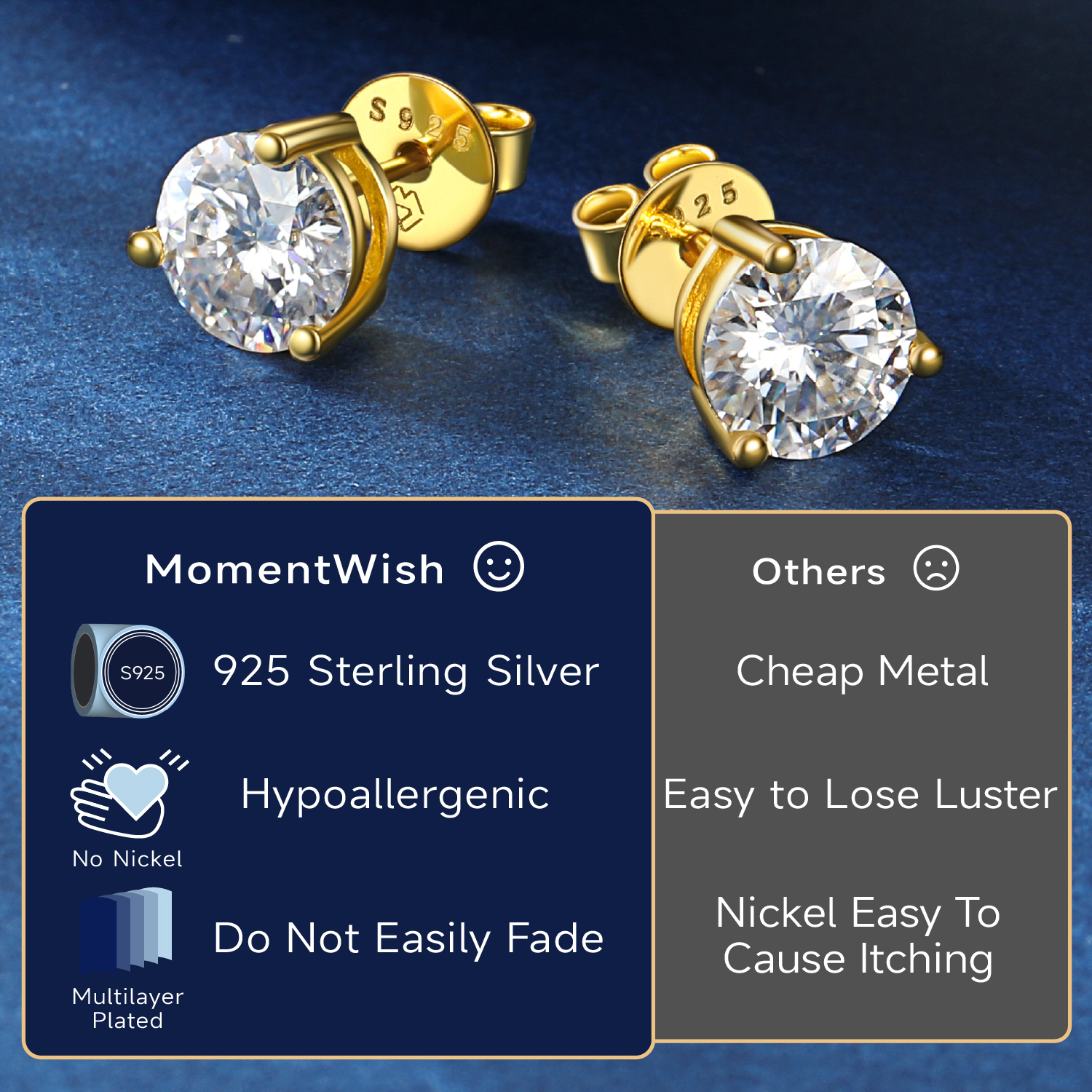 Three-Prong Round Moissanite Stud Earrings in Yellow Gold Details - Moissanite Description