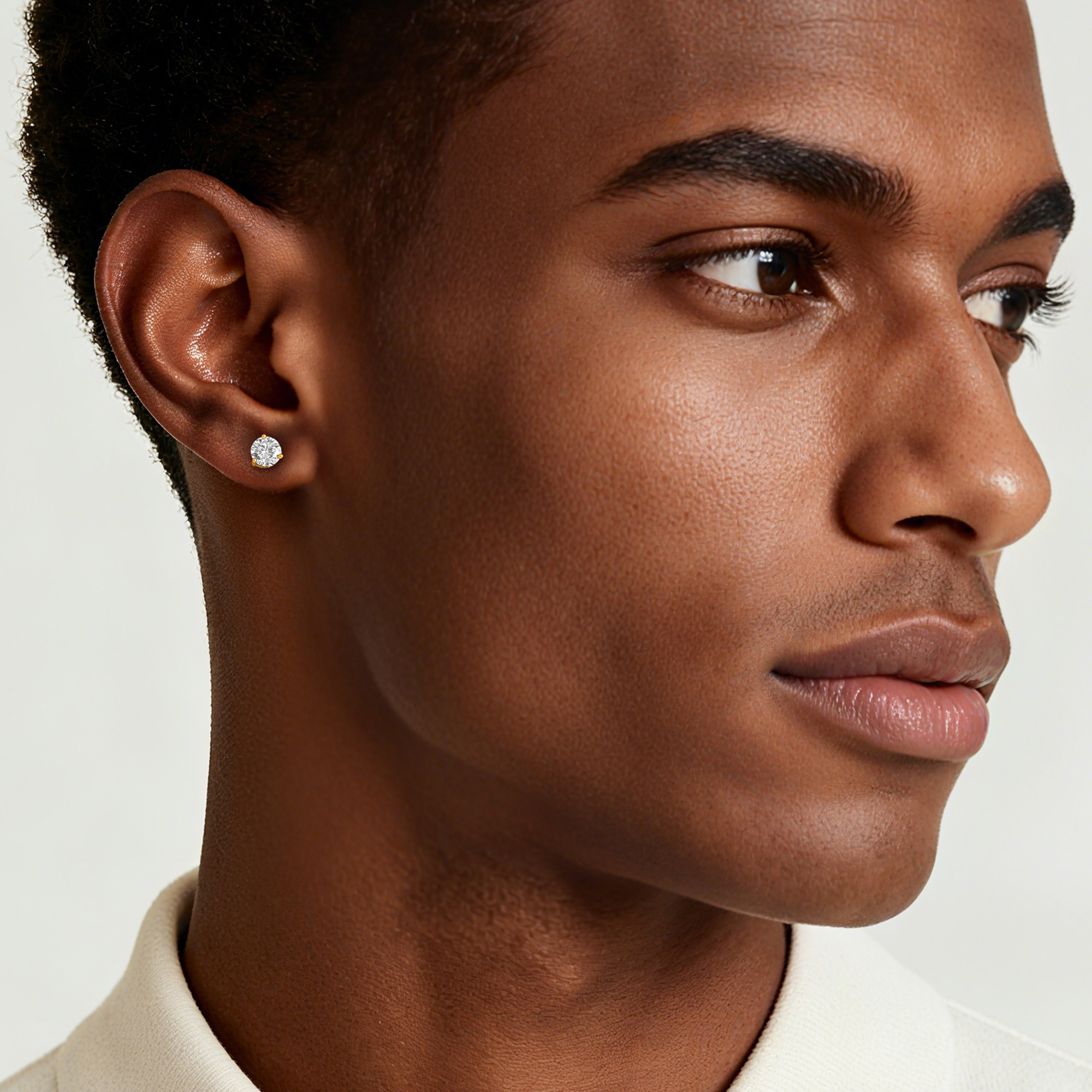 Three-Prong Round Moissanite Stud Earrings in Yellow Gold for Men-01