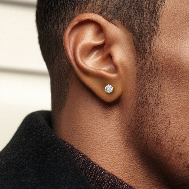 Three-Prong Round Moissanite Stud Earrings in Yellow Gold for Men-02