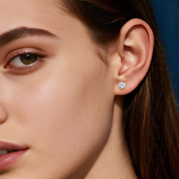 Three-Prong Round Moissanite Stud Earrings in Yellow Gold for Women-01