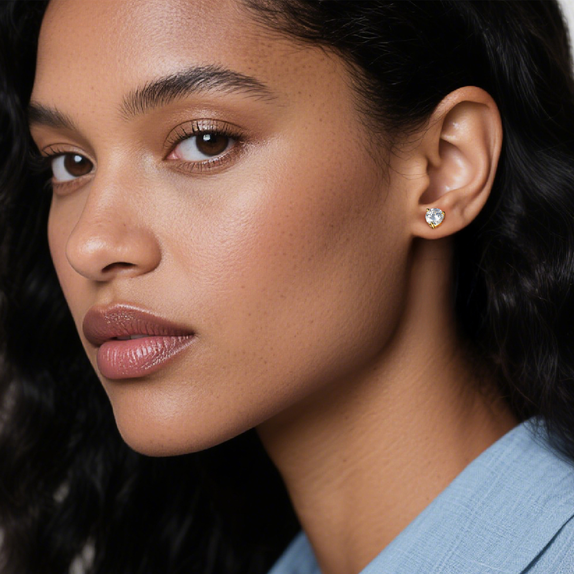 Three-Prong Round Moissanite Stud Earrings in Yellow Gold for Women-02