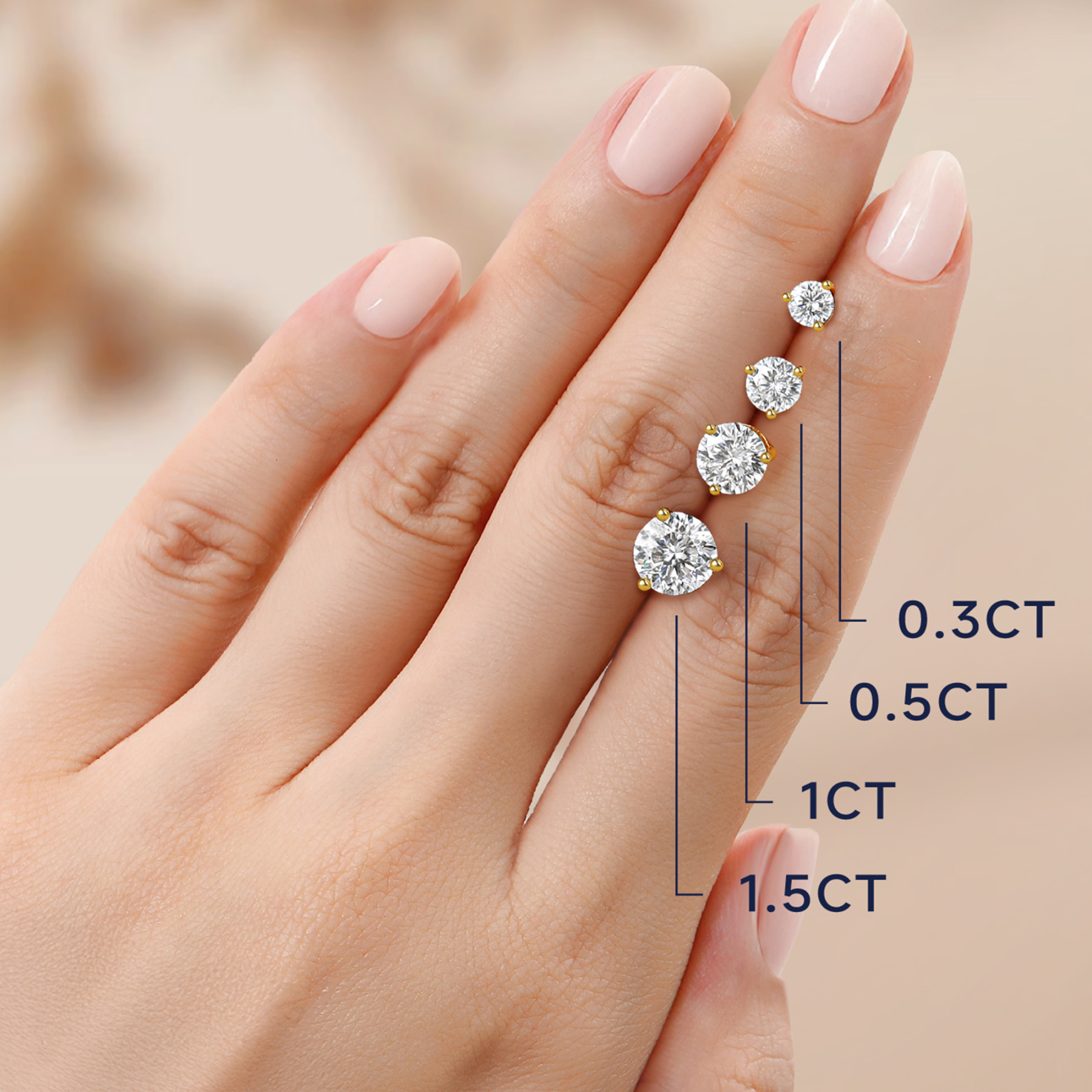 Three-Prong Round Moissanite Stud Earrings in Yellow Gold in Different Carats-01