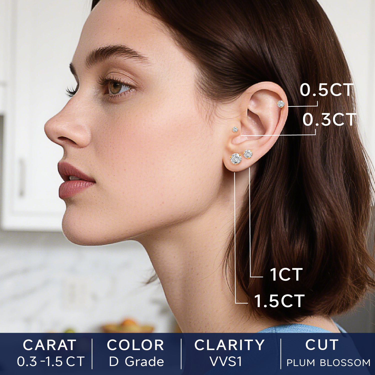 Three-Prong Round Moissanite Stud Earrings in Yellow Gold in Different Carats-02