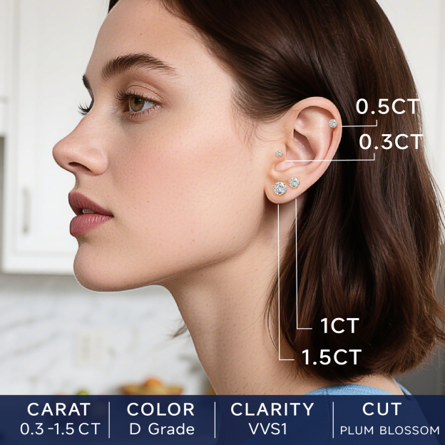 Three-Prong Round Moissanite Stud Earrings in Yellow Gold in Different Carats-02