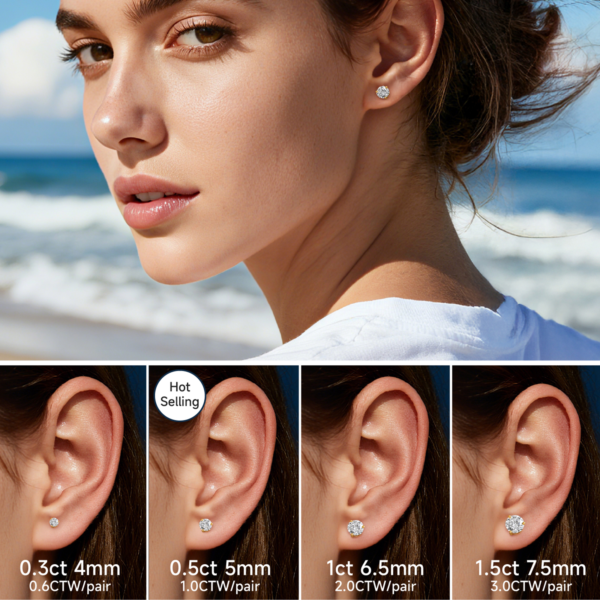 Three-Prong Round Moissanite Stud Earrings in Yellow Gold in Multiple Carat Sizes