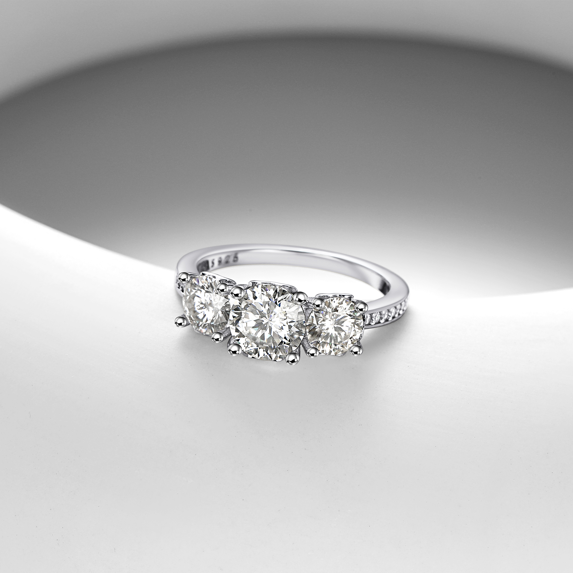 Three-Stone Channel Set Moissanite Engagement Ring with Side Heart in White Gold, Sterling Silver-03