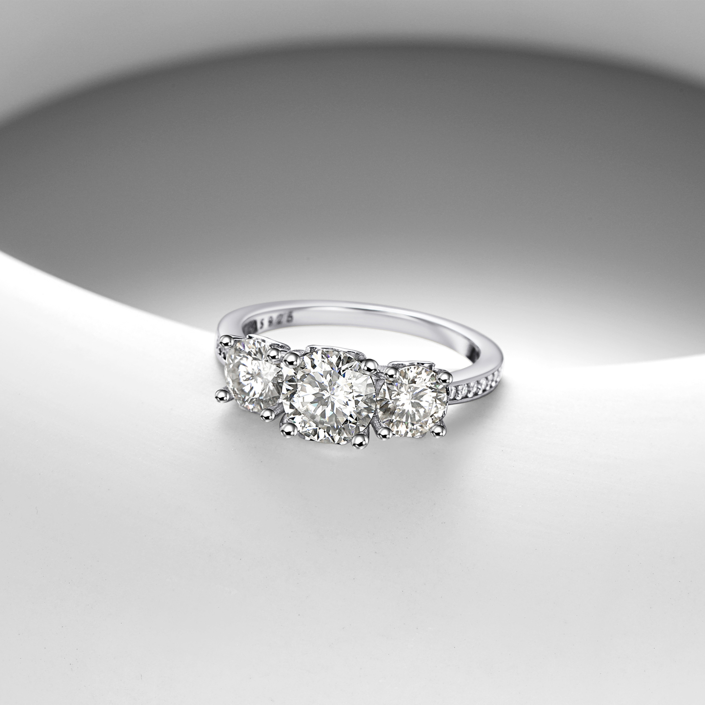 Three-Stone Channel Set Moissanite Engagement Ring with Side Heart in White Gold, Sterling Silver-03