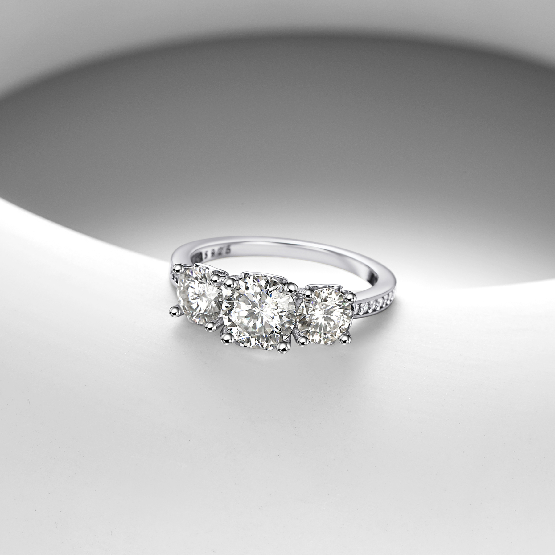 Three-Stone Channel Set Moissanite Engagement Ring with Side Heart in White Gold, Sterling Silver-03