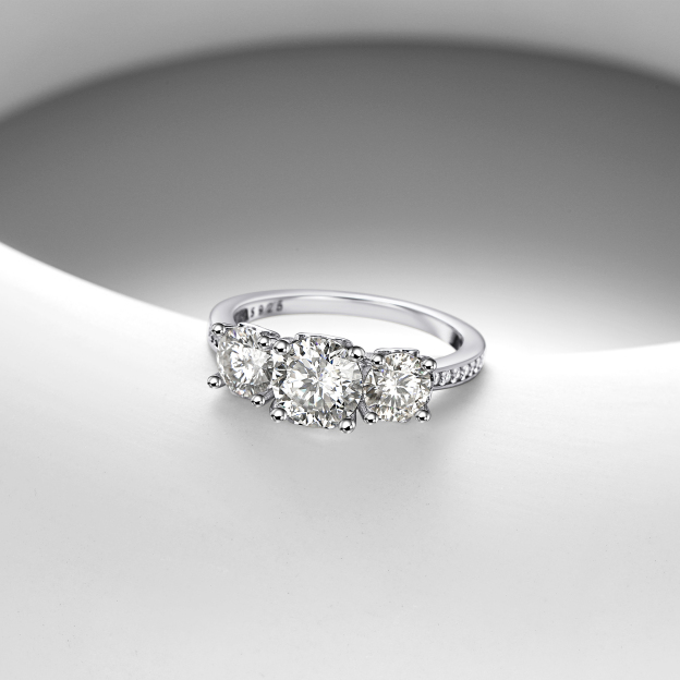 Three-Stone Channel Set Moissanite Engagement Ring with Side Heart in White Gold, Sterling Silver-03