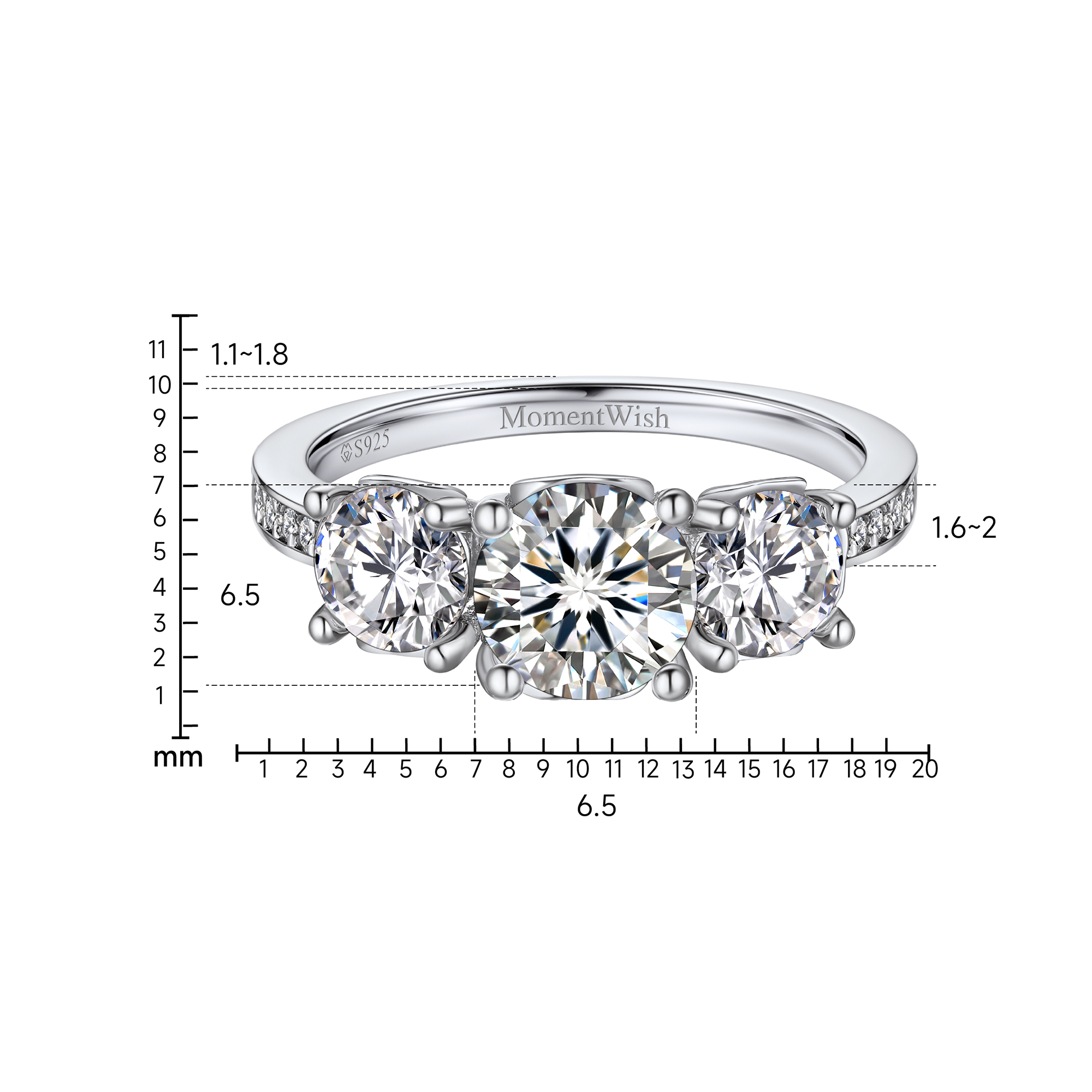 Three-Stone Channel Set Moissanite Engagement Ring with Side Heart in White Gold Details - Ring Size