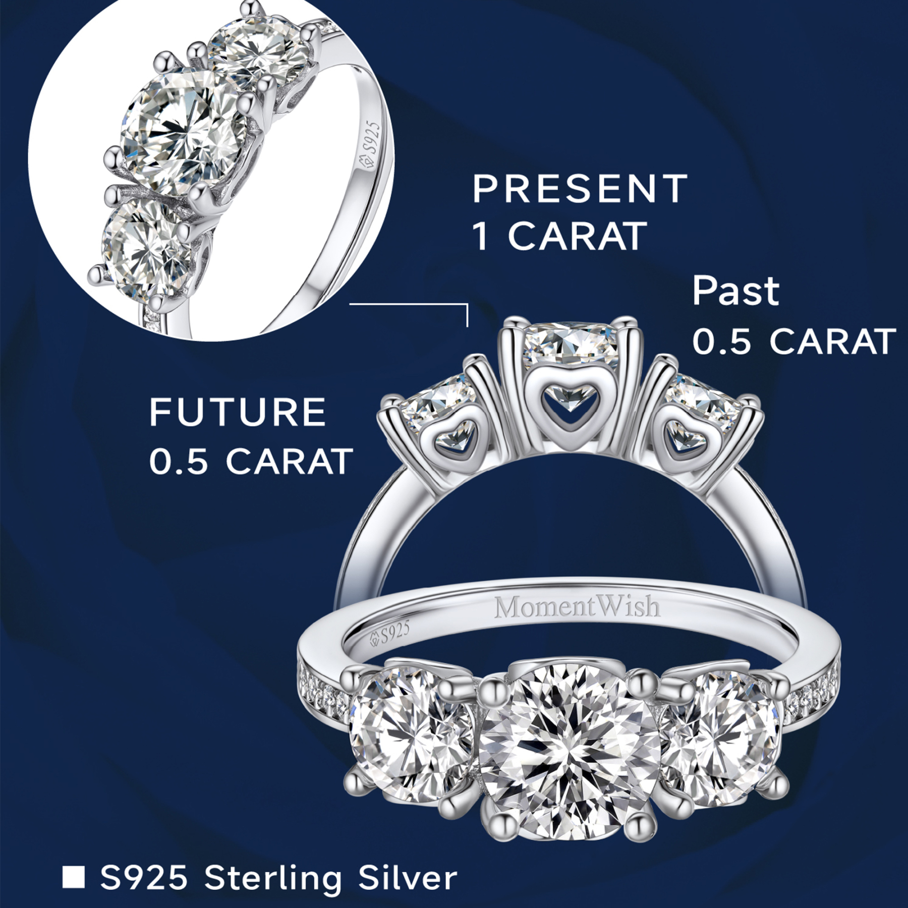 Three-Stone Channel Set Moissanite Engagement Ring with Side Heart in White Gold Details - Sideheart Design