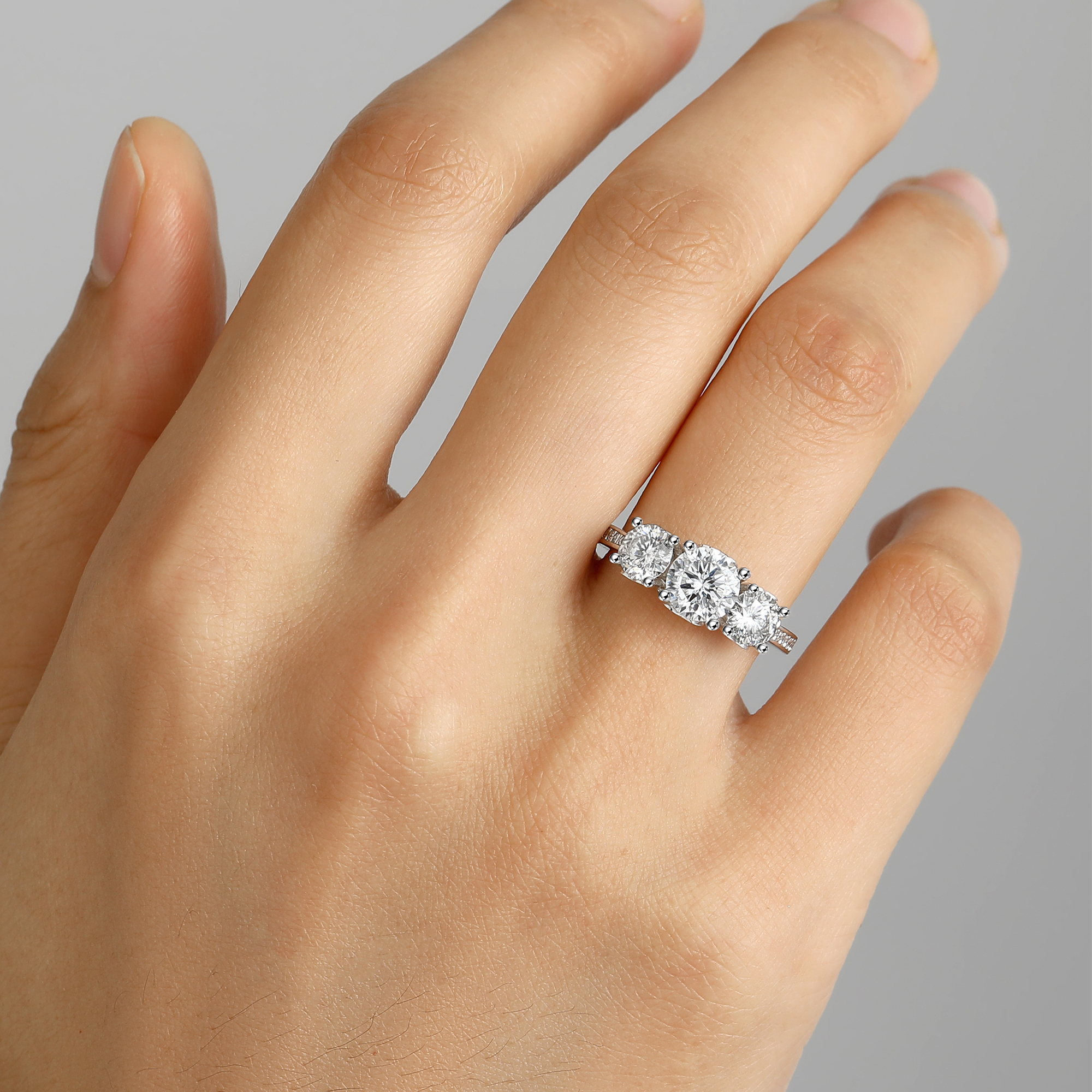 Three-Stone Channel Set Moissanite Engagement Ring with Side Heart in White Gold for Women-01