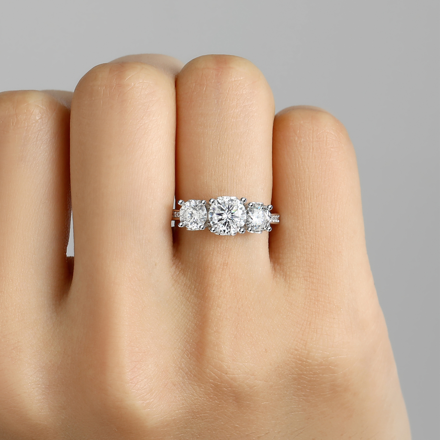 Three-Stone Channel Set Moissanite Engagement Ring with Side Heart in White Gold for Women-02