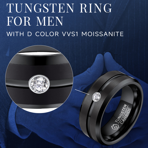 Tungsten Carbide Wedding Ring with Moissanite Details - Ring Design