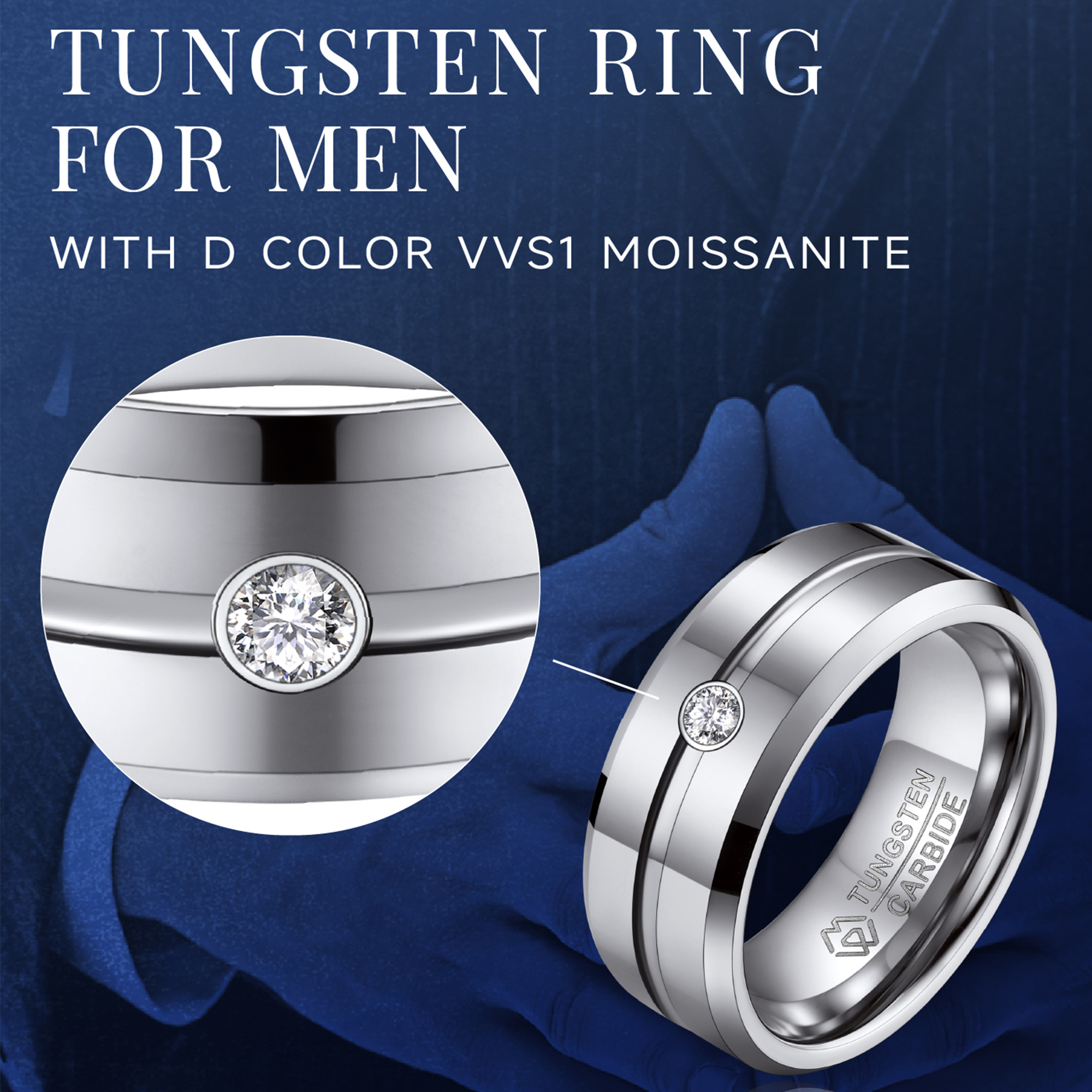 Tungsten Carbide Wedding Ring with Moissanite Details - Ring Design