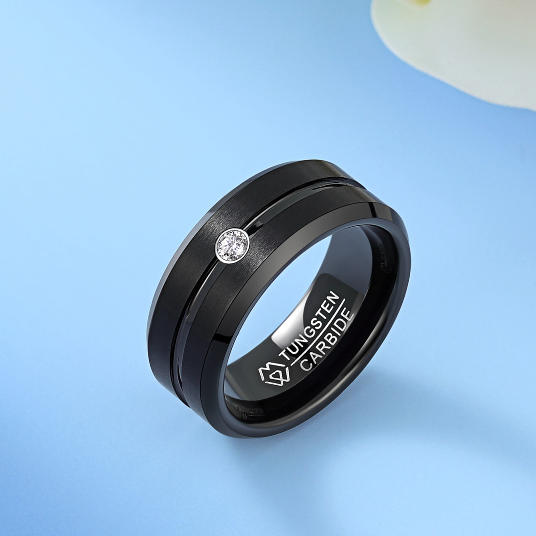 Tungsten Carbide Wedding Ring with Moissanite in Black Plated, Tungsten-01
