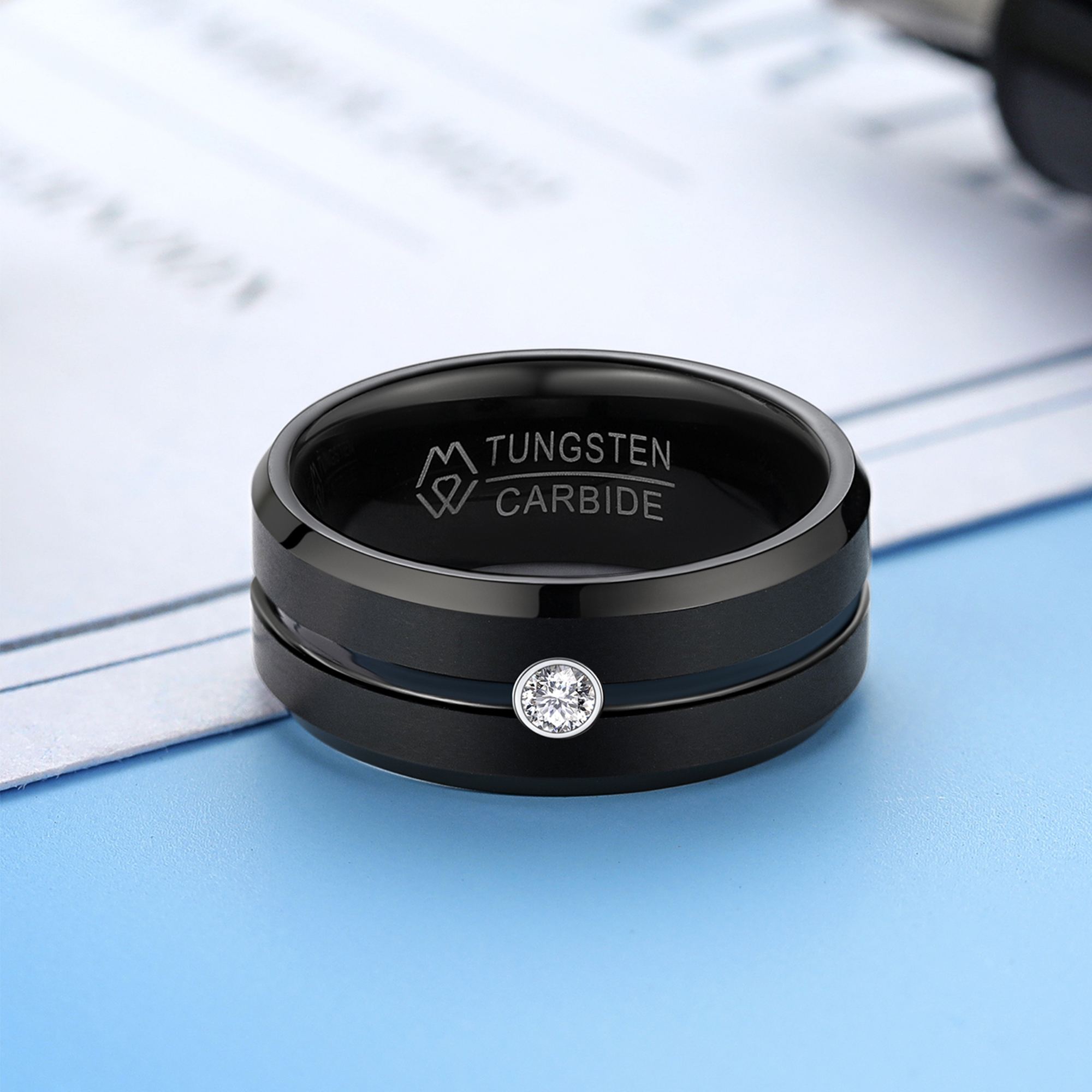 Tungsten Carbide Wedding Ring with Moissanite in Black Plated, Tungsten-02