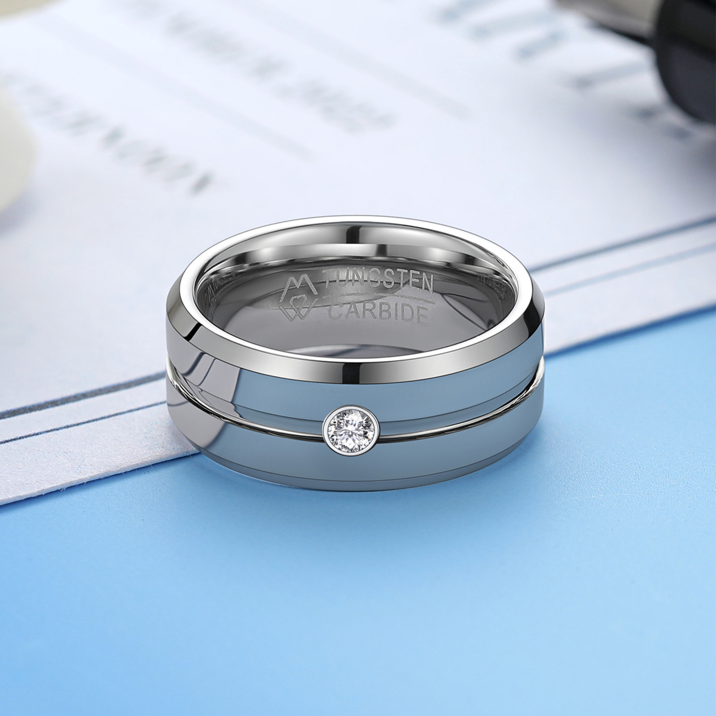 Tungsten Carbide Wedding Ring with Moissanite in White Gold, Tungsten-01