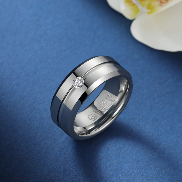 Tungsten Carbide Wedding Ring with Moissanite in White Gold, Tungsten-02