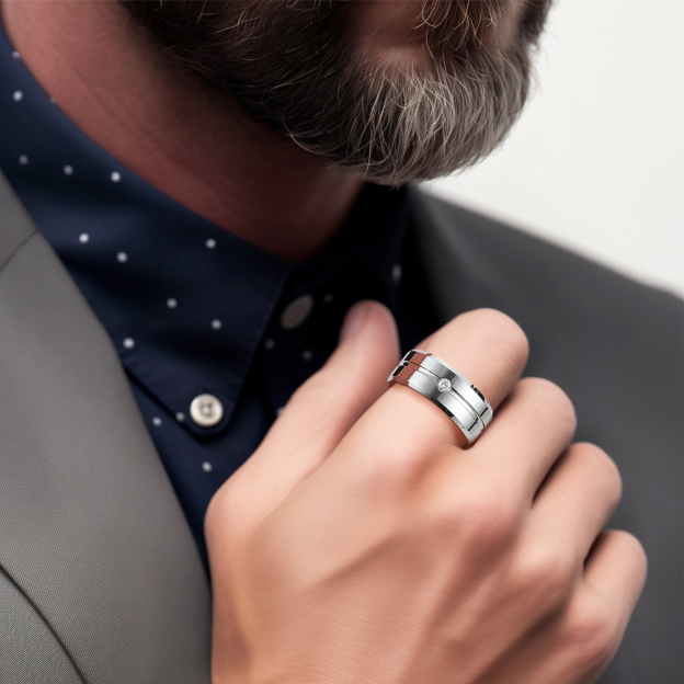 Tungsten Carbide Wedding Ring with Moissanite in White Gold for Men