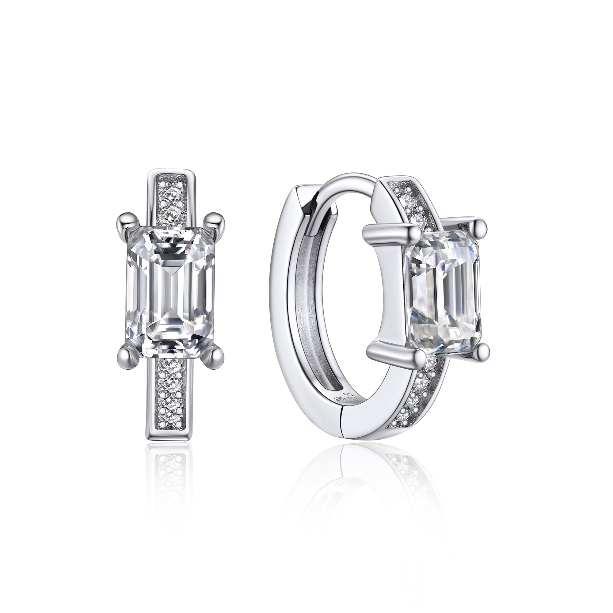 Emerald Hoop Moissanite Huggie Earrings in White Gold (D Color VVS1)