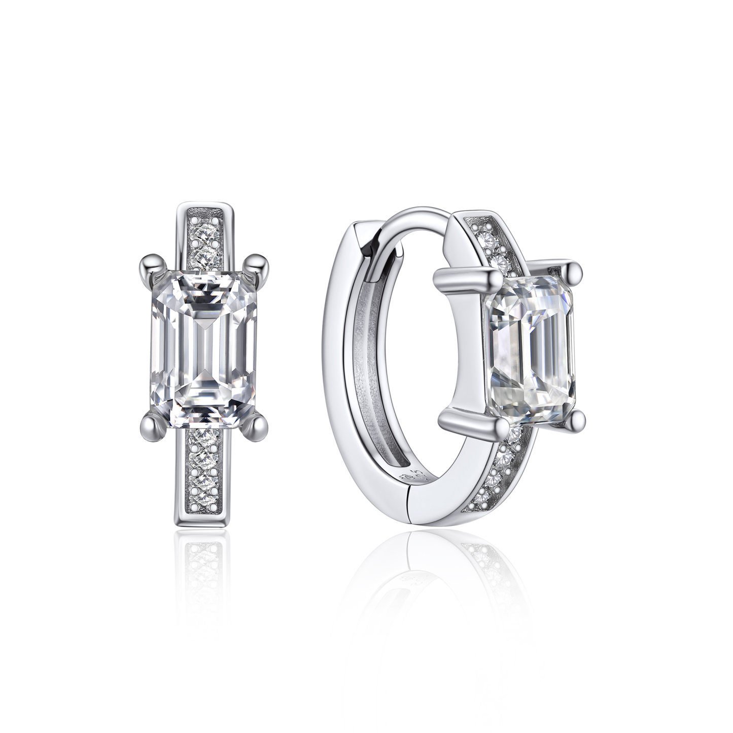 Emerald Hoop Moissanite Huggie Earrings in White Gold (D Color VVS1)