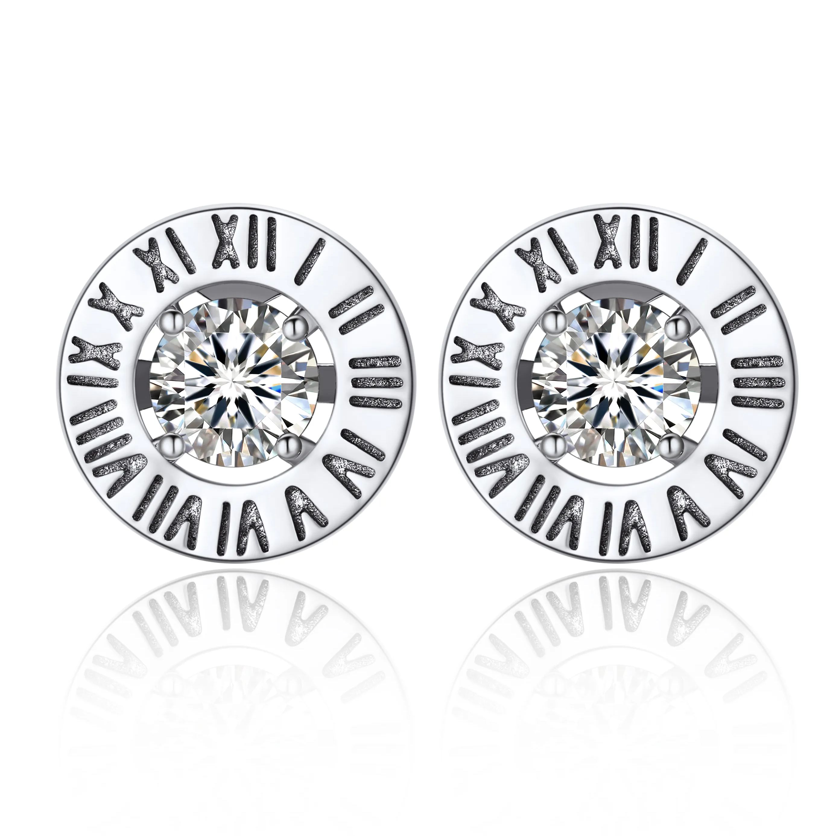 Roman Numerals Stud Moissanite Earrings in White Gold (1/2 Ct. VVS1)