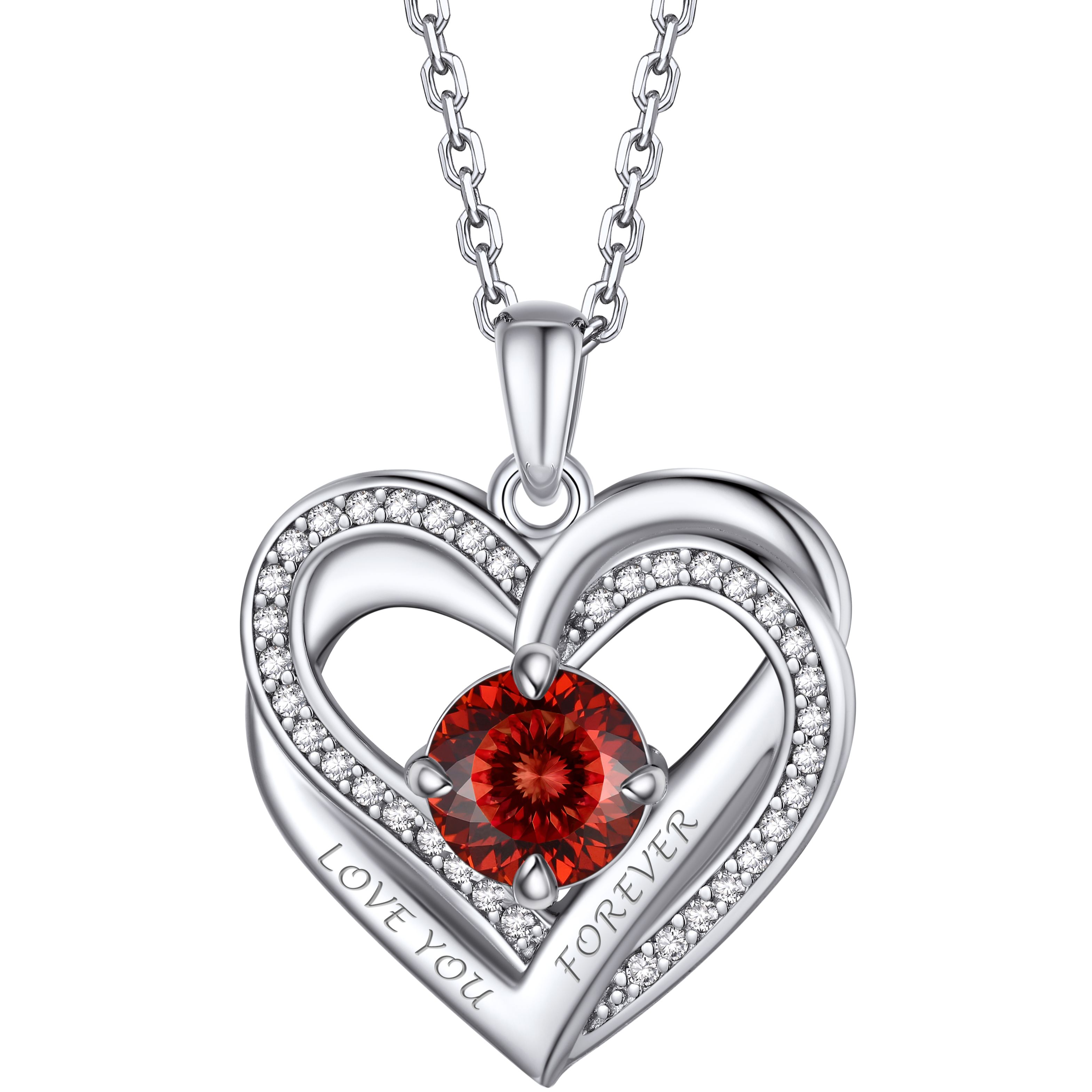 Birthstone Double Heart Intertwined Moissanite Pendant Necklace Silver （January-Luxury Red) - main image