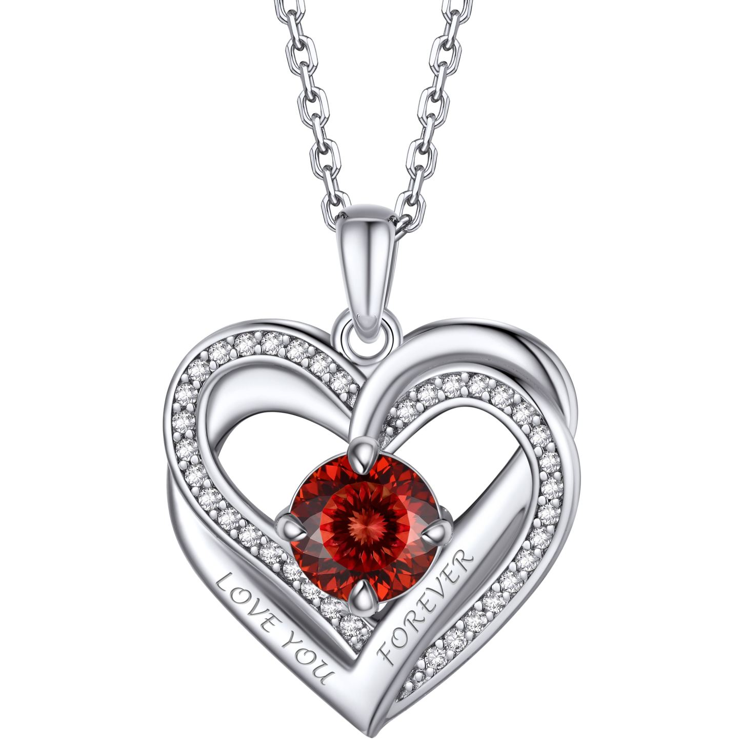 Birthstone Double Heart Intertwined Moissanite Pendant Necklace Silver （January-Luxury Red) - main image
