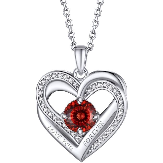 Birthstone Double Heart Intertwined Moissanite Pendant Necklace Silver （January-Luxury Red) - main image