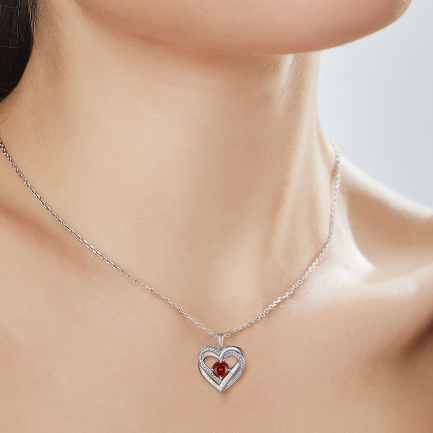 Birthstone Double Heart Intertwined Moissanite Pendant Necklace Silver （January-Luxury Red) - wearing effect