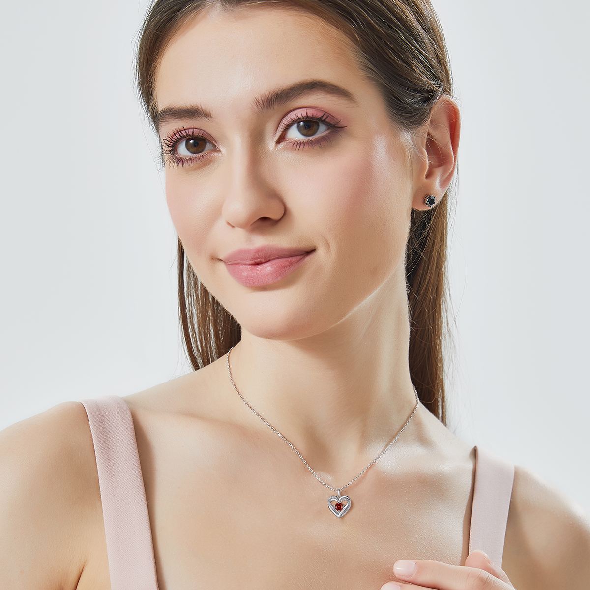 Birthstone Double Heart Intertwined Moissanite Pendant Necklace Silver （January-Luxury Red) - model effect