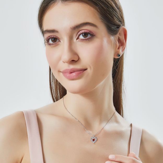 Birthstone Double Heart Intertwined Moissanite Pendant Necklace Silver （January-Luxury Red) - model effect