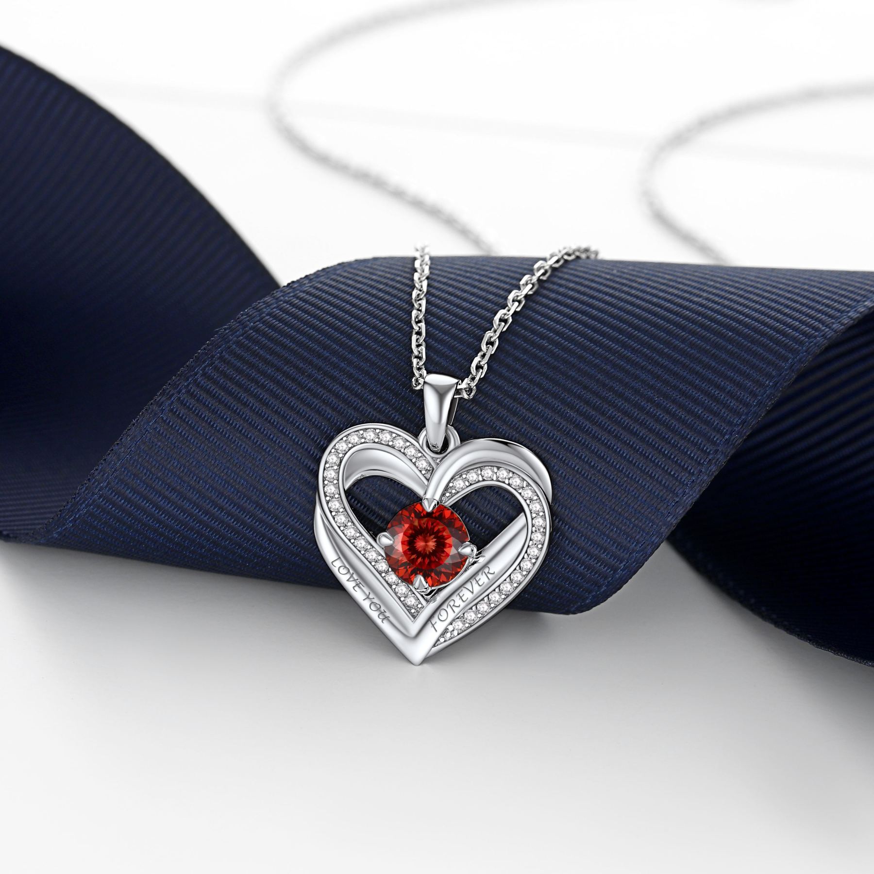 Birthstone Double Heart Intertwined Moissanite Pendant Necklace Silver （January-Luxury Red) - product detail(1)