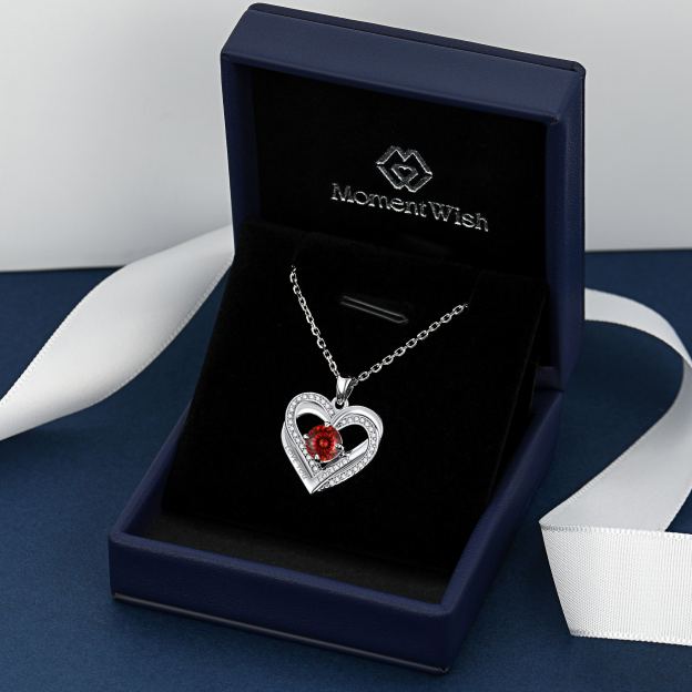 Birthstone Double Heart Intertwined Moissanite Pendant Necklace Silver （January-Luxury Red) - product detail