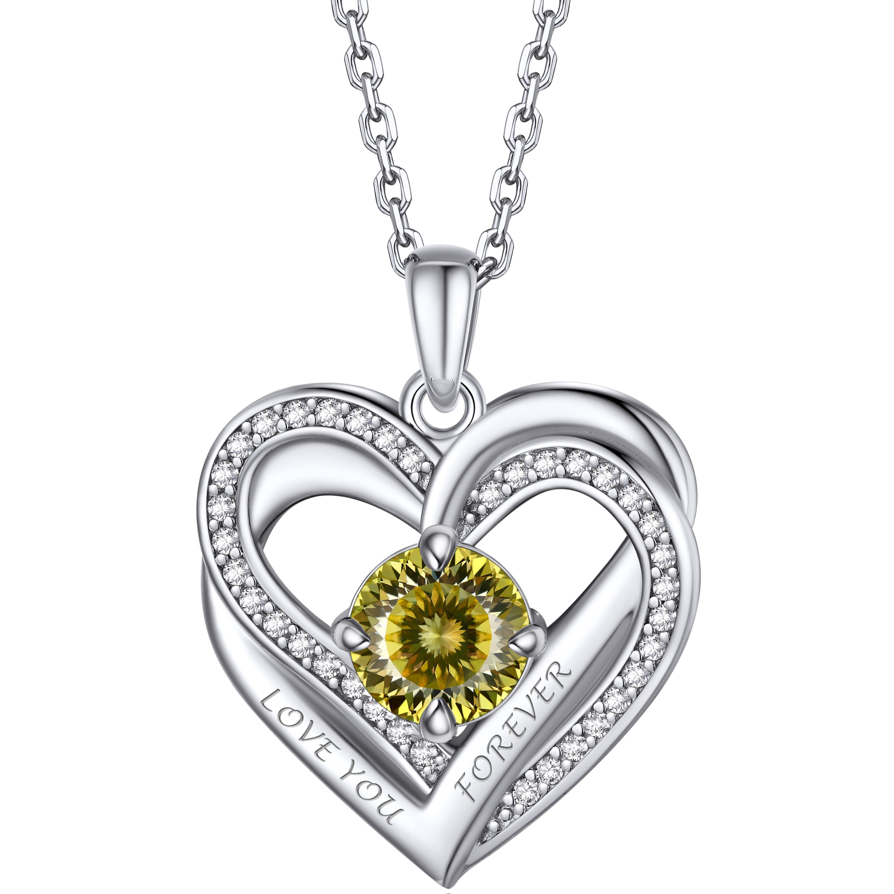 Birthstone Double Heart Intertwined Moissanite Pendant Necklace Silver （August-Light Yellow) - main image