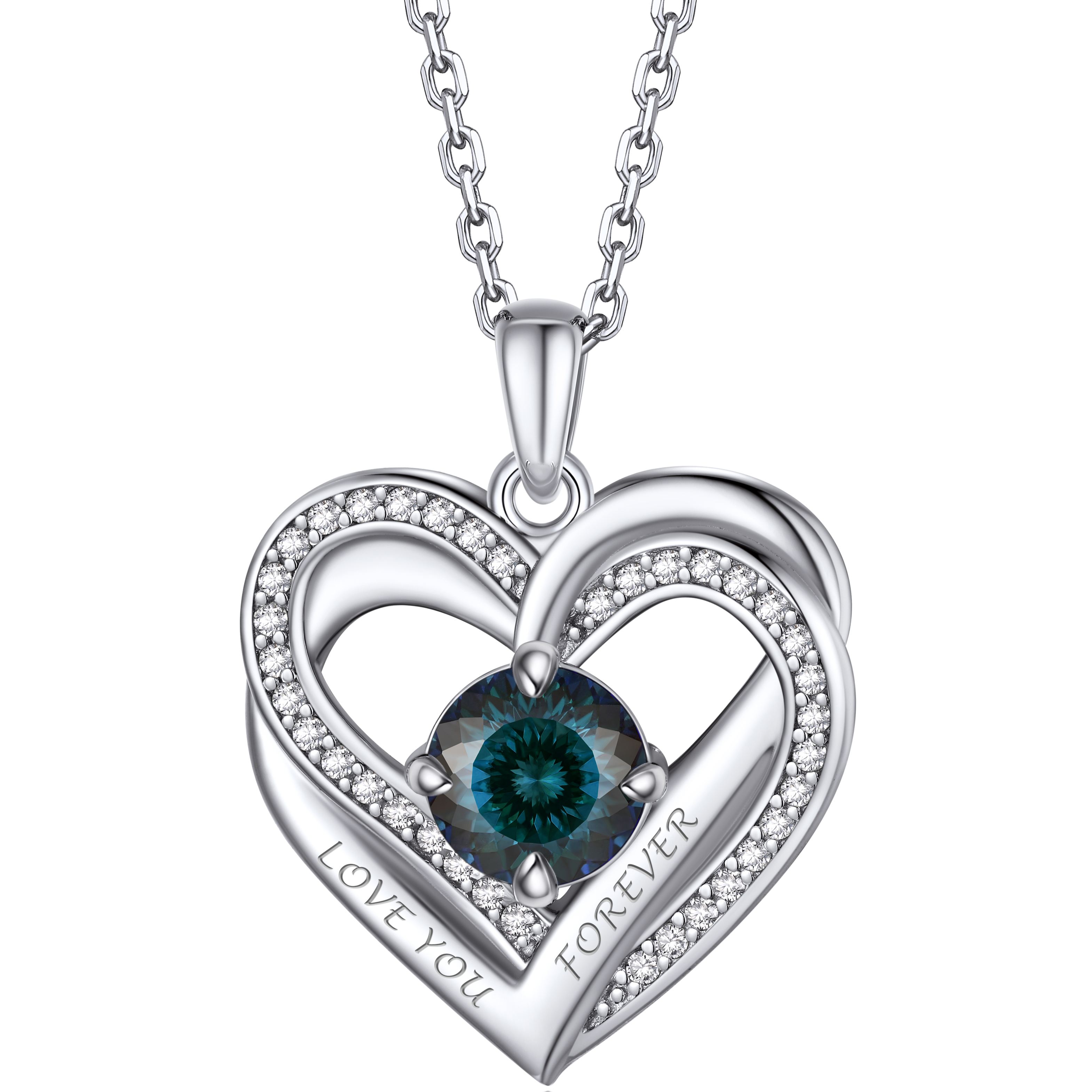 Birthstone Double Heart Intertwined Moissanite Pendant Necklace Silver （September-Sapphire Blue) - main image