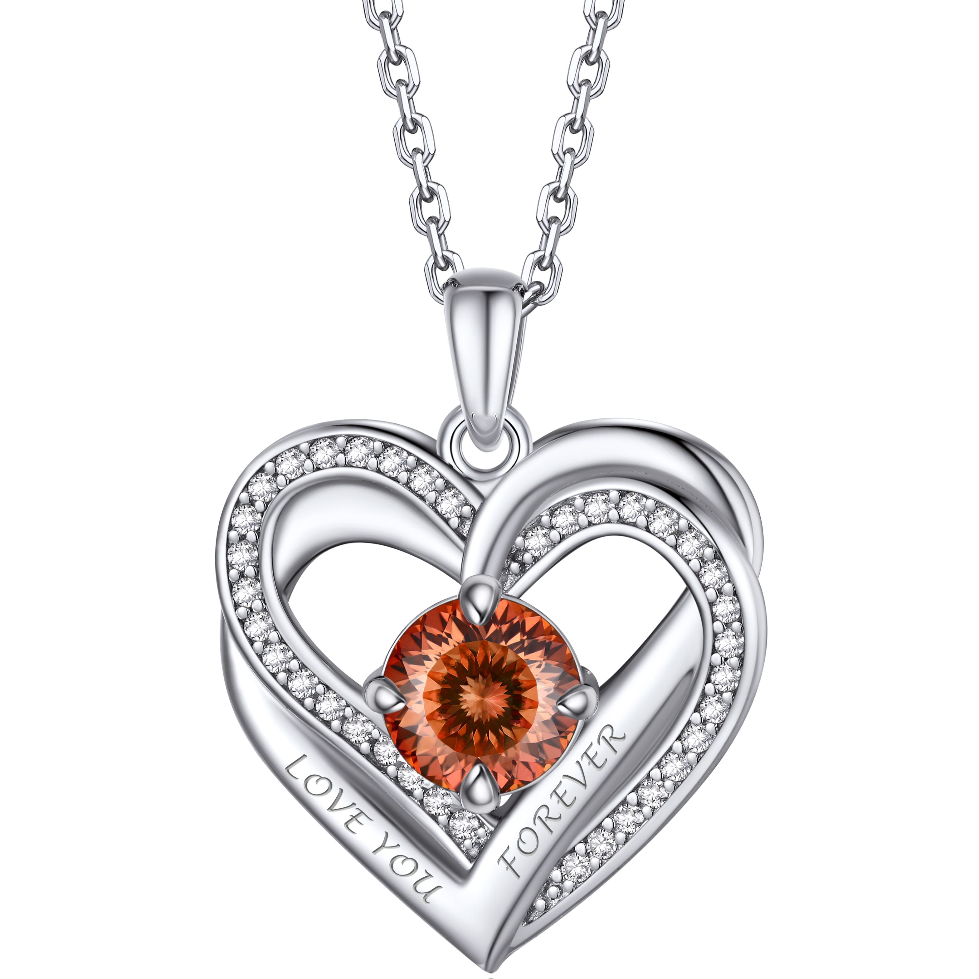 Birthstone Double Heart Intertwined Moissanite Pendant Necklace Silver （July-Sweet Orange) - main image