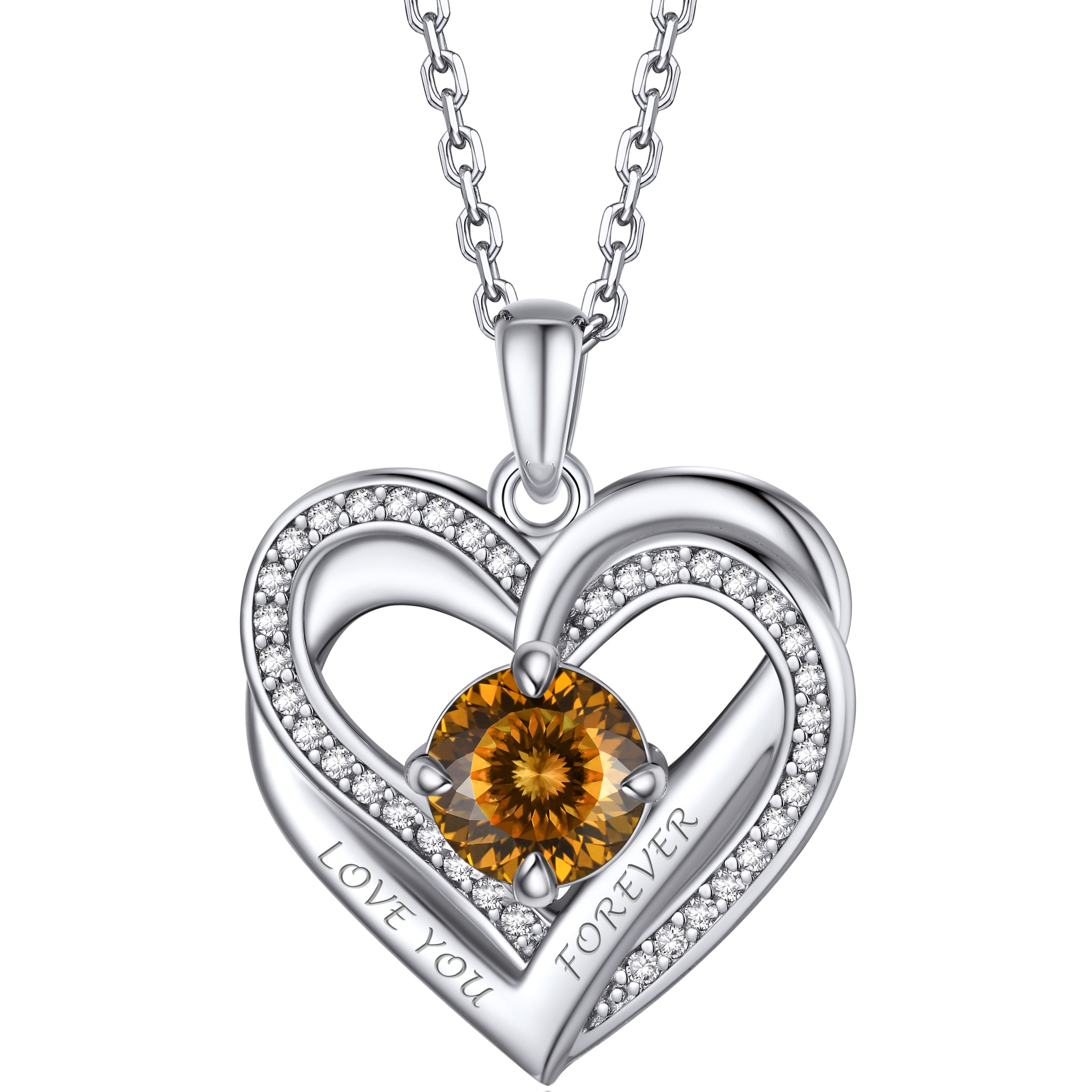 Birthstone Double Heart Intertwined Moissanite Pendant Necklace Silver （November-Golden Imperial) - main image